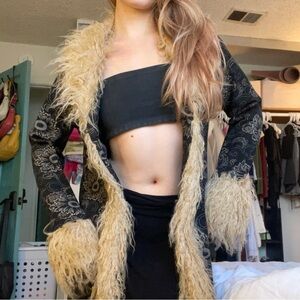 Current Mood Black Paisley Coat with Cream Faux Fur Trim